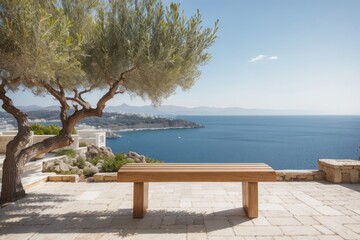 Exterior wooden bench on the white stone terrace in summer and olive trees with sea view background