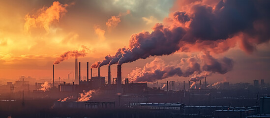 Power plant with polluting air. Factories release CO2 into the atmosphere. Air pollution concept wide photography generated by ai - obrazy, fototapety, plakaty