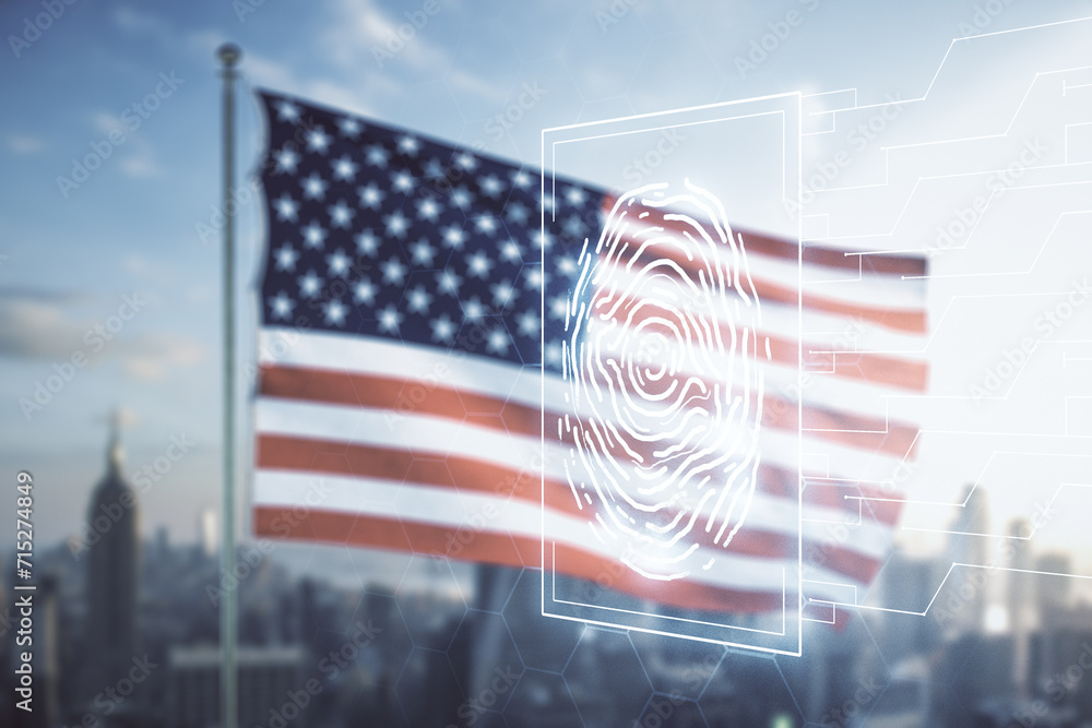 Fototapete multi exposure of virtual graphic fingerprint sketch on us flag and skyline background, fingerprint 