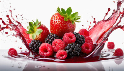  Fresh ripe strawberry, raspberry, blackberry, cranberry juice blend mix splash swirl with strawberry, blackberry, cranberry, raspberry. Red multifruit berry juice splash wave and forest fruits on whi