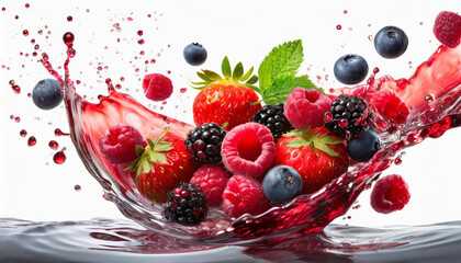  Fresh ripe strawberry, raspberry, blackberry, cranberry juice blend mix splash swirl with strawberry, blackberry, cranberry, raspberry. Red multifruit berry juice splash wave and forest fruits on whi