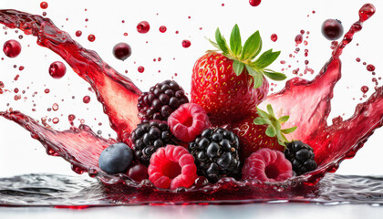  Fresh ripe strawberry, raspberry, blackberry, cranberry juice blend mix splash swirl with strawberry, blackberry, cranberry, raspberry. Red multifruit berry juice splash wave and forest fruits on whi