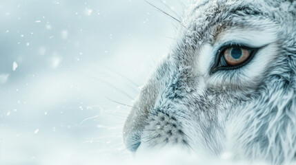 Closeup of an arctic hares eye squinting against the harsh winds and snow of a relentless blizzard