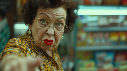 An irate elderly lady pointing accusingly, embodying a Karen in a grocery store