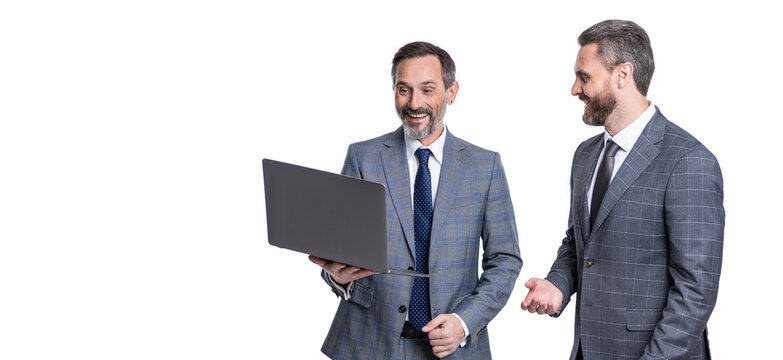 two businessmen working online on laptop isolated on white. businessmen develop agile business. freelancing entrepreneur. video call. Online support. business meeting and video conference