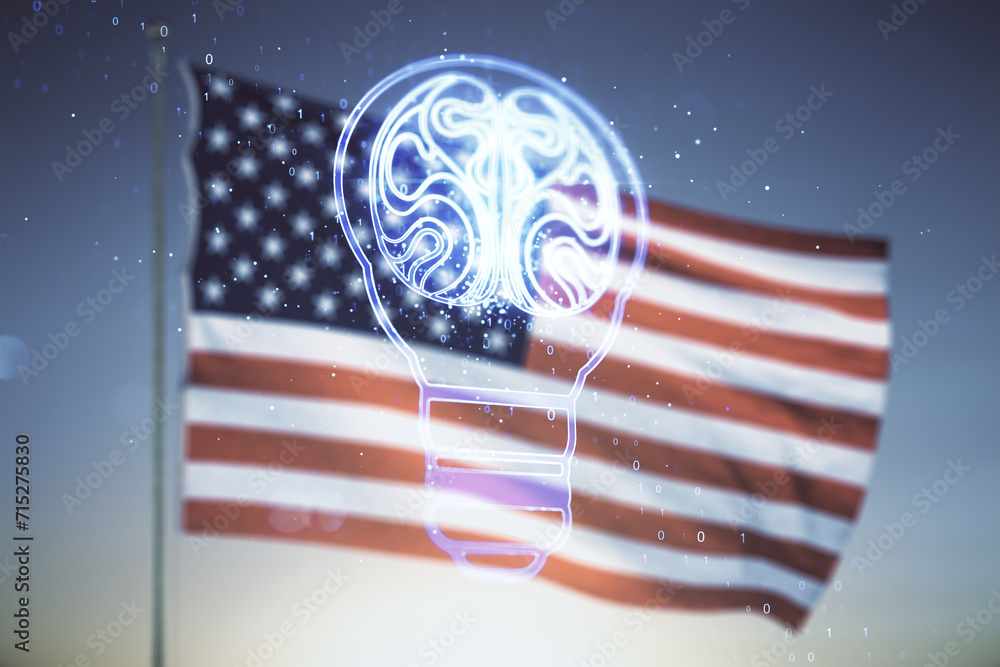 Poster Abstract virtual idea concept with light bulb and human brain illustration on US flag and blue sky background. Neural networks and machine learning concept. Multiexposure