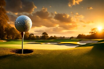 Immerse yourself in the ambiance of a golf course at sunset, where a solitary golf ball awaits its journey on a pristine tee.

