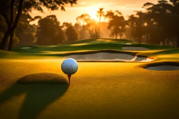 Immerse yourself in the ambiance of a golf course at sunset, where a solitary golf ball awaits its journey on a pristine tee.

 - obrazy, fototapety, plakaty