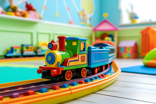 Colorful Toy Train on Plastic Tracks in Playroom