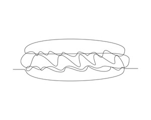 Continuous single line sketch drawing of hot dog sausage mustard bread meat. One line art of delicious meal fast food restaurant serving vector illustration