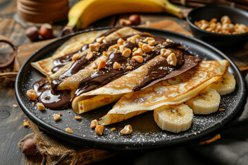 Crepes (thin pancakes) in chocolate, with peanut butter, slices of banana, chopped hazelnuts on the black ceramic plate