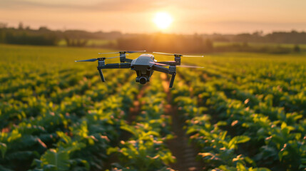 Agricultural Drone Flying at Sunset Over Crop Field.