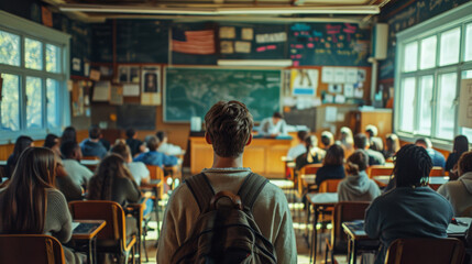 Student Standing in Classroom Facing Teacher and Peers.
