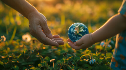 Passing Earth Globe from Hand to Hand in Nature.