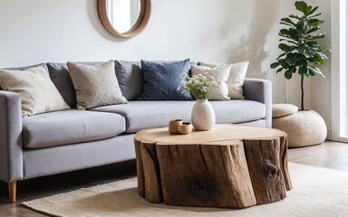 Tree stump coffee table beside a white sofa adorned with grey pillows, showcasing the modern living room's Scandinavian home interior design.