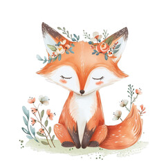 Obraz premium Watercolor artwork of a fox with a floral crown, eyes closed.
