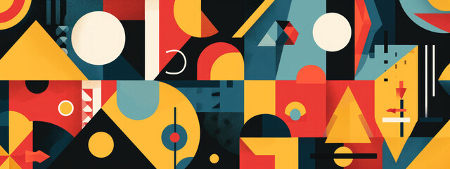 Obraz premium Bauhaus style geometric pattern background, featuring geometric shapes such as triangles, circles and squares in bright colors