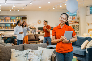 smiling businesswoman holding a tablet standing against the background of buyer and shopkeeper in a furniture store