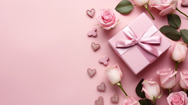 Valentine's Day banner with blank space fortext, pastel red background