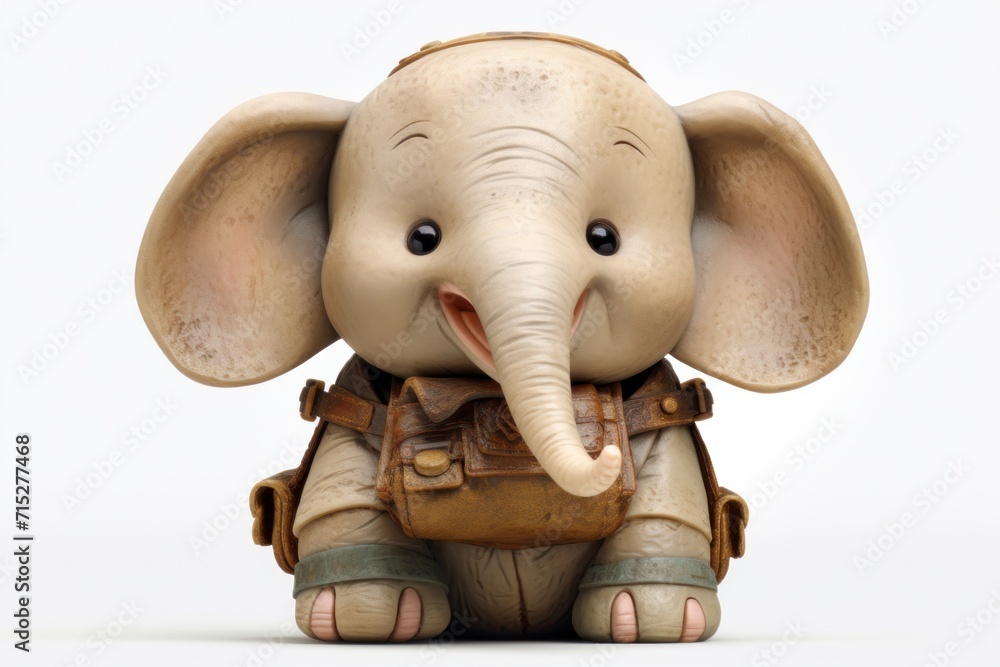 Poster a statue of an elephant with a backpack on it's back and its trunk in the shape of an elephant.