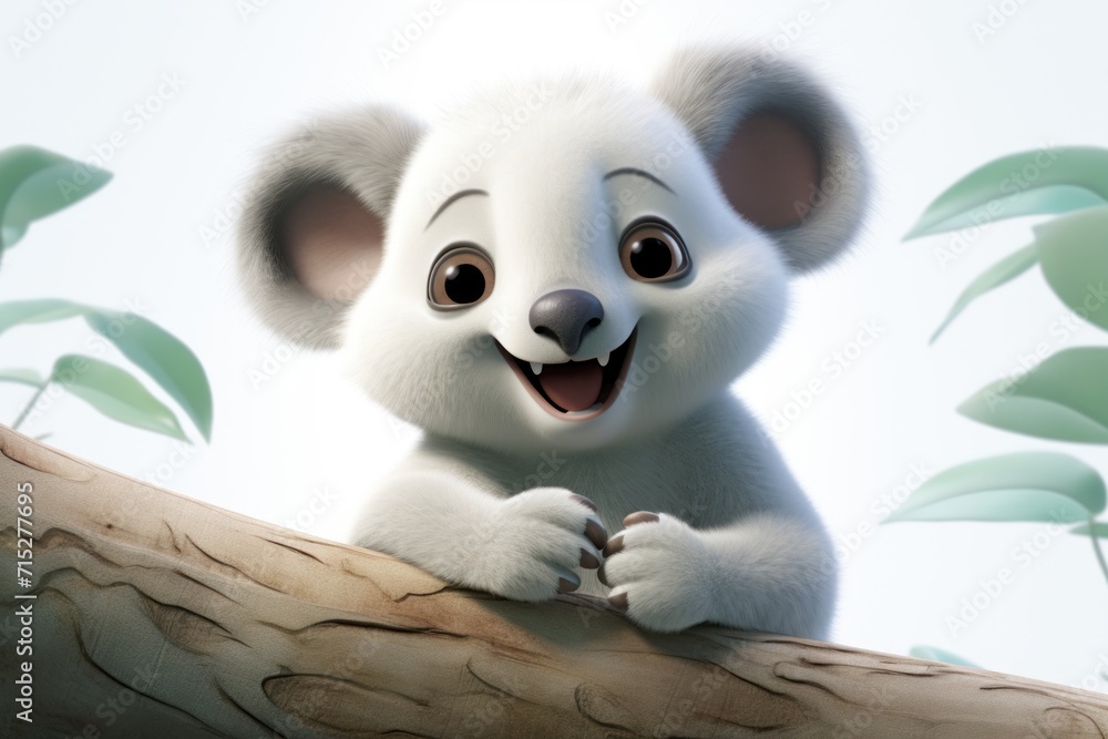 Poster a close up of a koala on a branch of a tree with leaves in the background and a sky in the backgroun