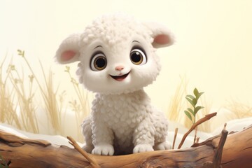  a close up of a stuffed animal sitting on a tree branch with grass in the background and a wall in the background.