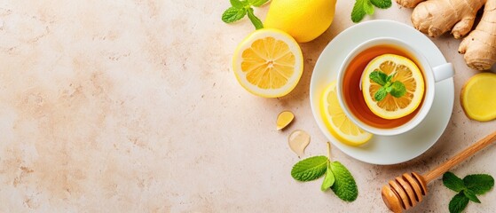 A cups of tea with lemon, ginger, and honey, Ai Generated