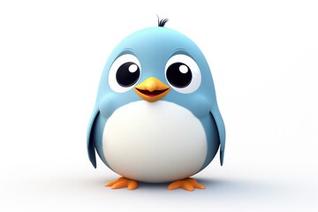  a blue and white bird with big eyes and a frown on it's face, sitting on a white surface.