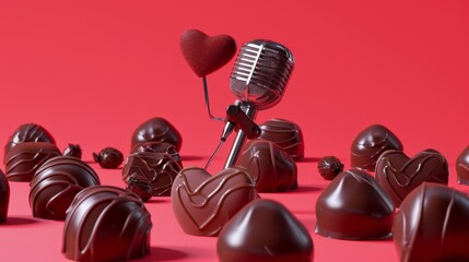 A chocolate holding a microphone on a mini stage singing a romantic ballad to a group of swooning chocolates
