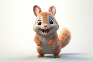  a cartoon squirrel with a big smile on it's face, standing in front of a white background and looking at the camera.