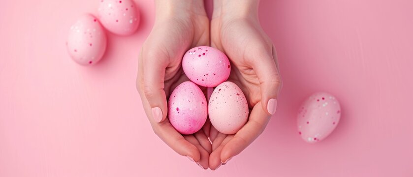 Woman's hands gently cradle a pastel pink painted Easter egg, Ai Generated.