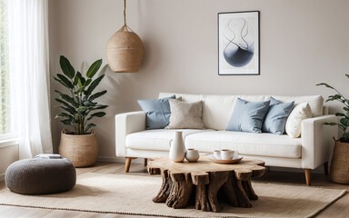 Tree stump coffee table beside a white sofa adorned with grey pillows, showcasing the modern living room's Scandinavian home interior design.