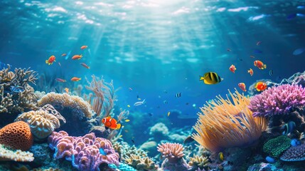 An underwater scene with a coral reef and exotic fishes showcases marine splendor, Ai Generated.