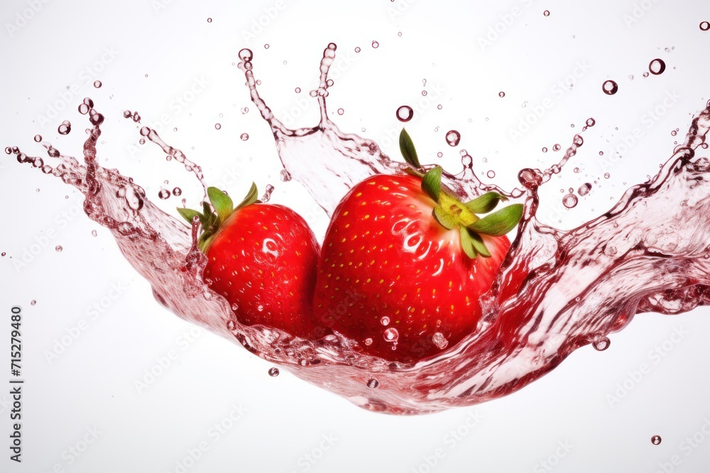 Poster two strawberries in a splash of water on a white background with a splash of water on the bottom of 