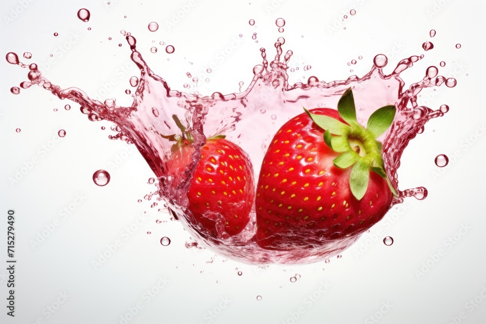Poster  a splash of water with two strawberries in the middle of the image and a splash of water on the bottom of the image.