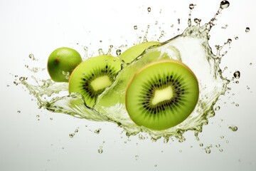  a group of kiwis floating in water with a splash of water on the side of the image and on top of the image is a white background.