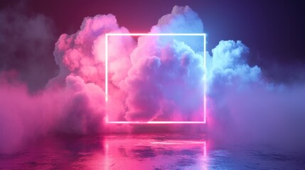 Minimalistic pastel cloud backdrop adorned by a radiant neon-light square frame, Ai Generated.