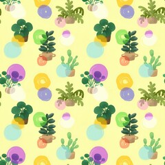Cartoon image, seamless pattern, small trees, bright colors, cute.