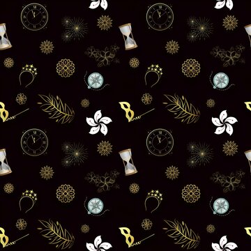 Cartoon illustration, seamless pattern of clock, hourglass and gold paint.