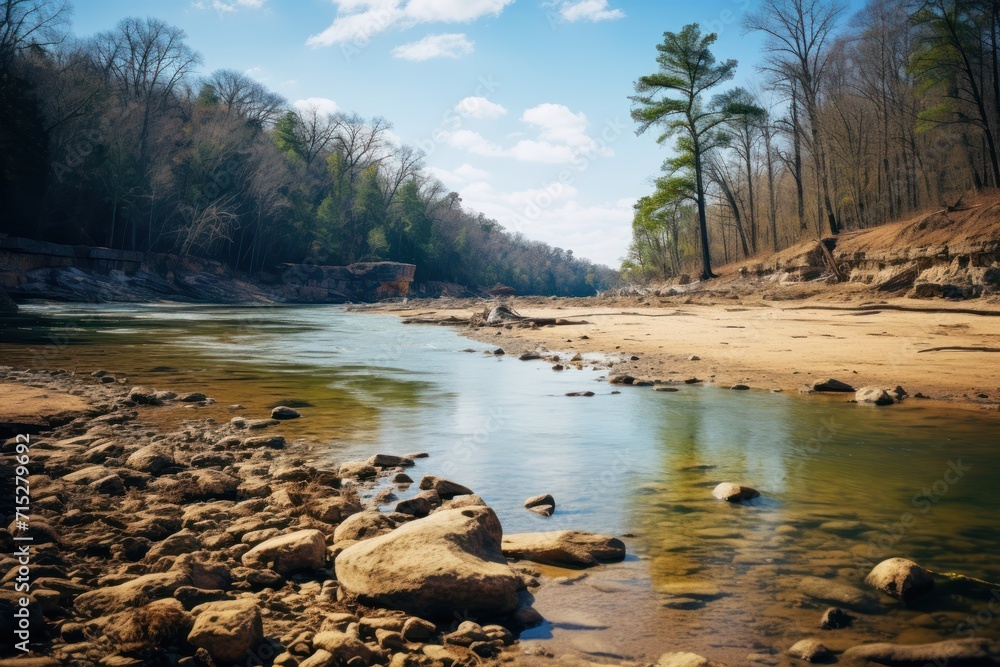 Poster a river running through a forest filled with lots of rocks and a forest filled with trees on the oth