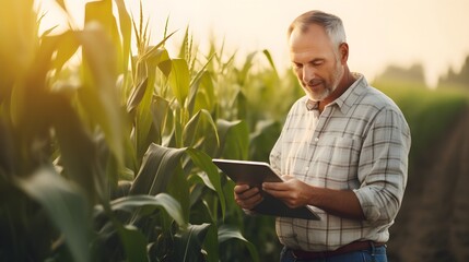 Naklejka na ściany i meble A farmer using his smart phone in the fields remotely