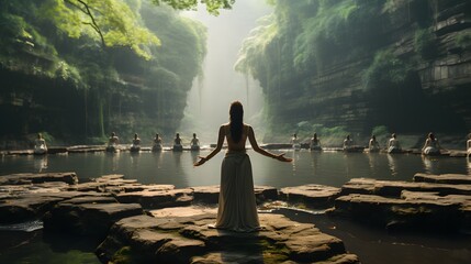 A group of young people meditating and performing yoga in nature at an ashram in India - obrazy, fototapety, plakaty