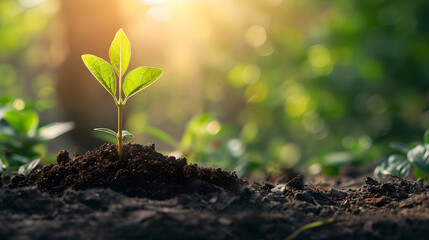 Plant seeds sprout from the soil in a sunlit forest, capturing the close-up of a small tree growing against a neutral background.