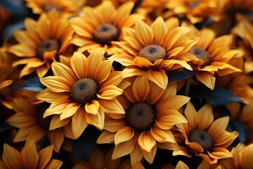  a close up of a bunch of sunflowers with green leaves on the bottom of the petals and yellow petals on the top of the petals.