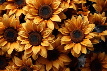  a close up of a bunch of yellow sunflowers with a black center surrounded by other yellow sunflowers.