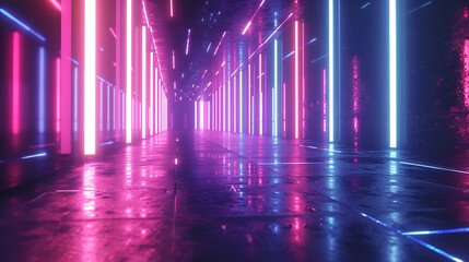 3d render abstract geometric background of colorful neon lines glowing in the dark futuristic wallpaper. generative ai