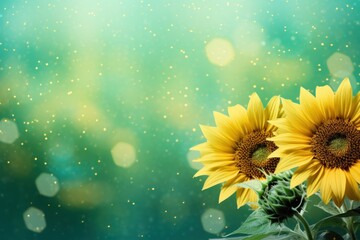  two yellow sunflowers in front of a green and blue background with boke of light shining down on them.