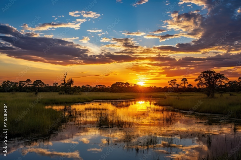 Poster the sun is setting over a body of water with tall grass in the foreground and trees in the backgroun