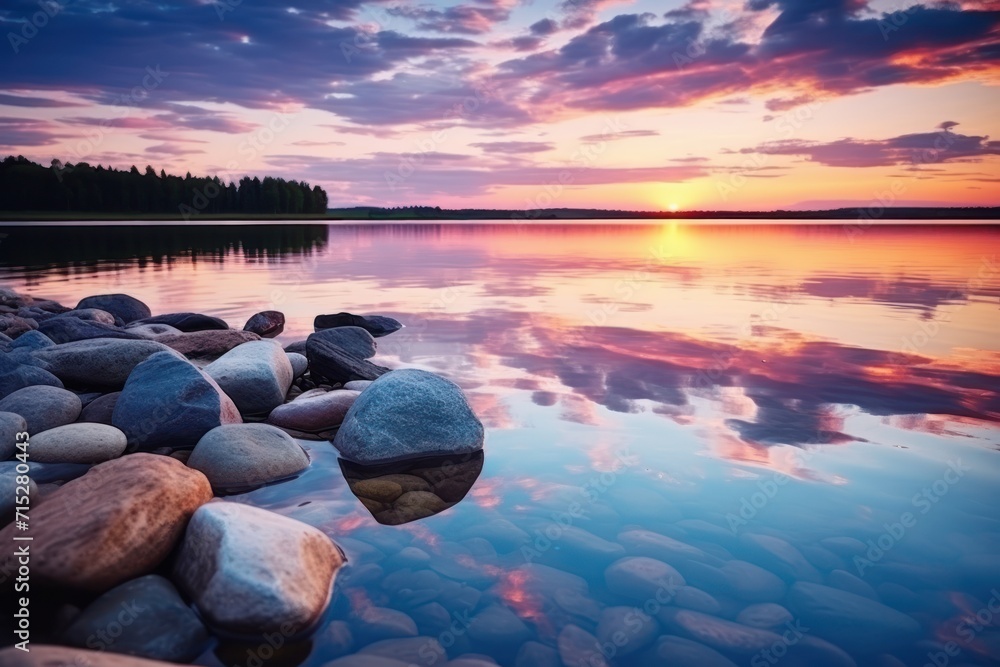 Poster  a large body of water with rocks in the foreground and a sunset in the background with clouds in the sky.