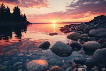  the sun is setting over a body of water with rocks in the foreground and trees on the other side of the water.